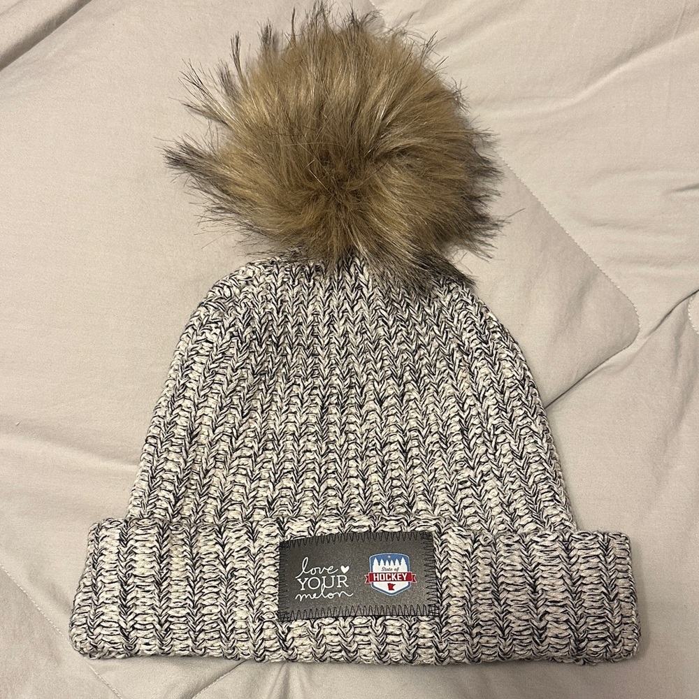 Love Your Melon Black and White Knit Beanie with Brown Pom